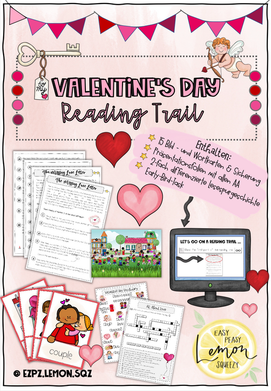 BIG Valentine's Day Bundle - Reading Trail, Escape Game, Vokabelkarten und Geschenk Vorlage