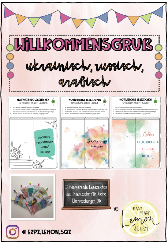 Lesezeichen Willkommensgruß - ukrainisch, arabisch, russisch