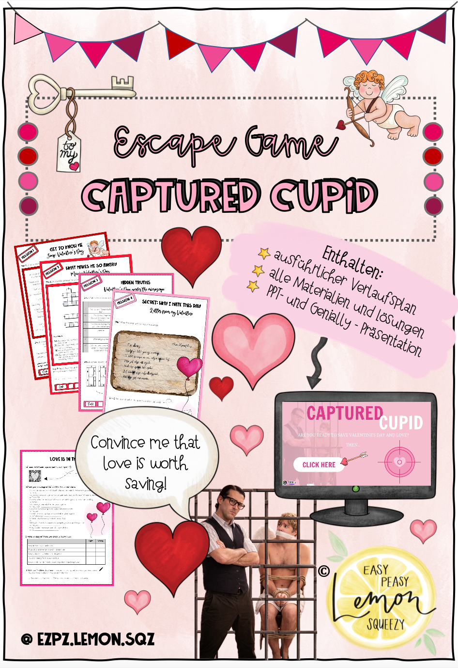 BIG Valentine's Day Bundle - Reading Trail, Escape Game, Vokabelkarten und Geschenk Vorlage